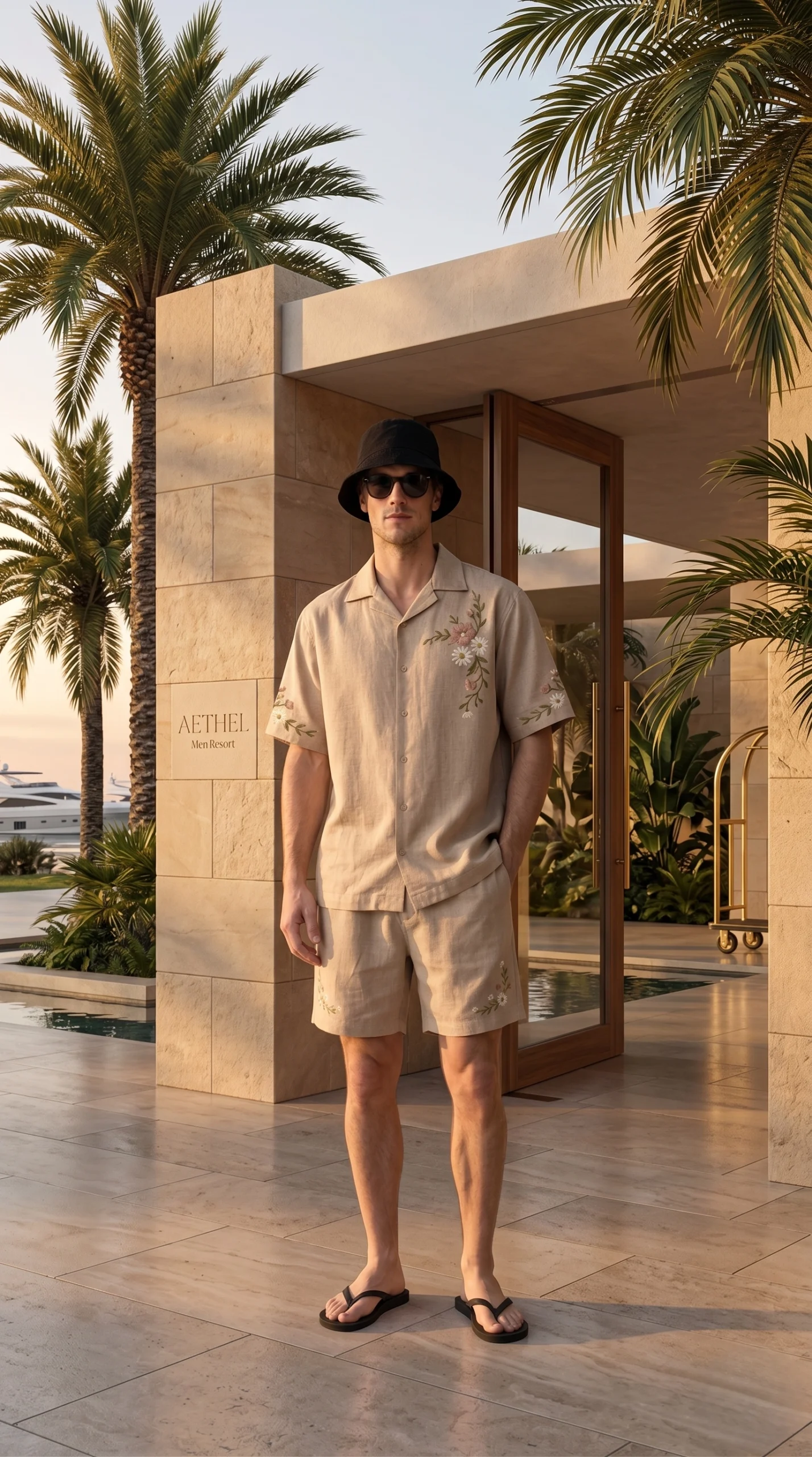 Beige Embroidered Linen Cotton Cuban Collar Shirt and Shorts Set for Men by Liibula