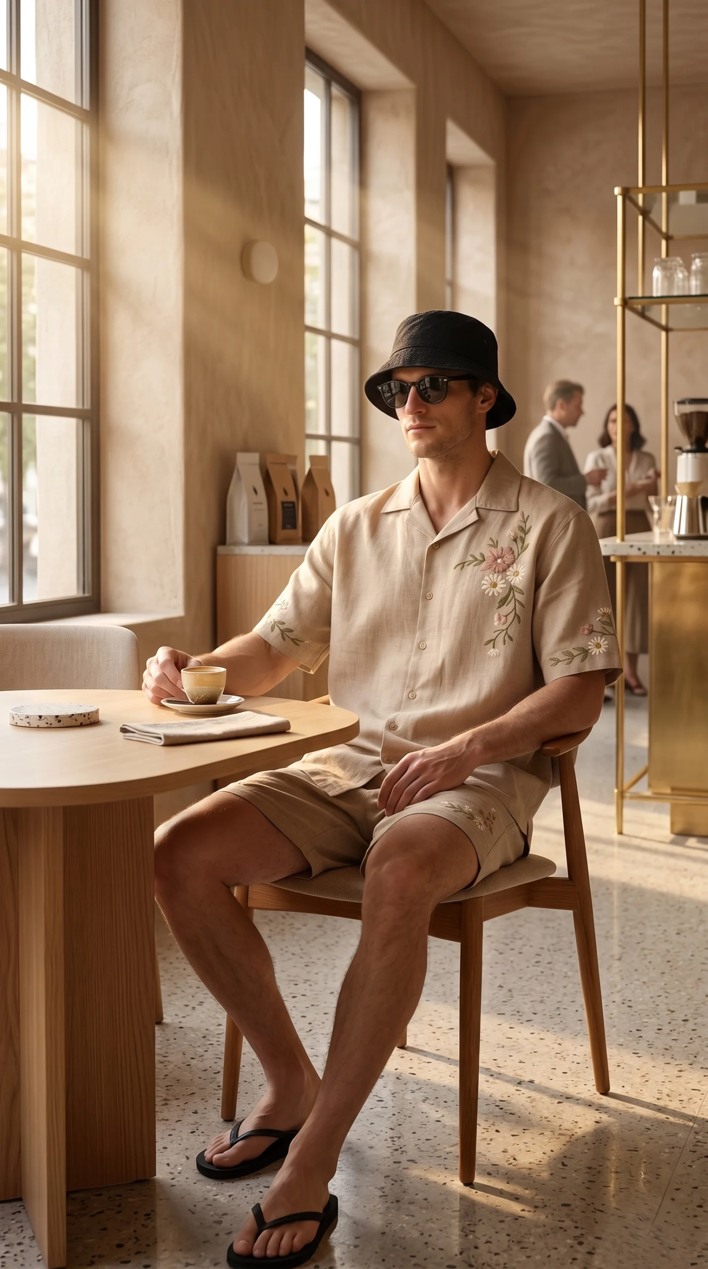 Beige Embroidered Linen Cotton Cuban Collar Shirt and Shorts Set for Men by Liibula