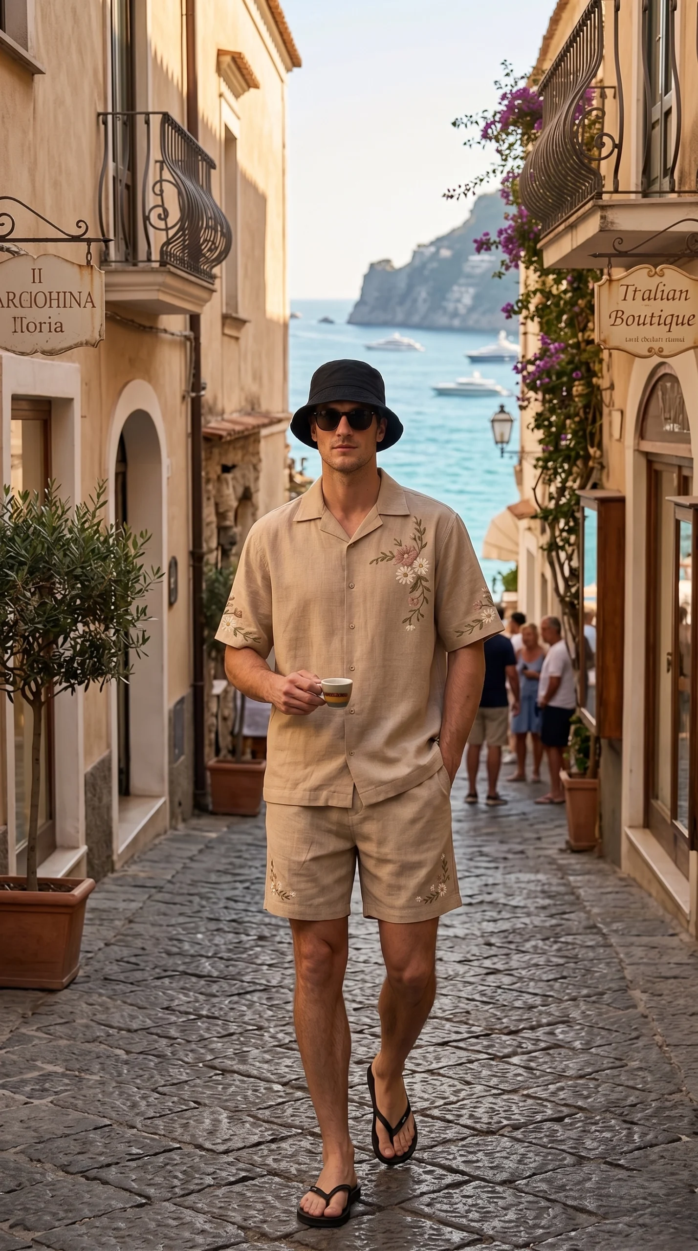 Beige Embroidered Linen Cotton Cuban Collar Shirt and Shorts Set for Men by Liibula