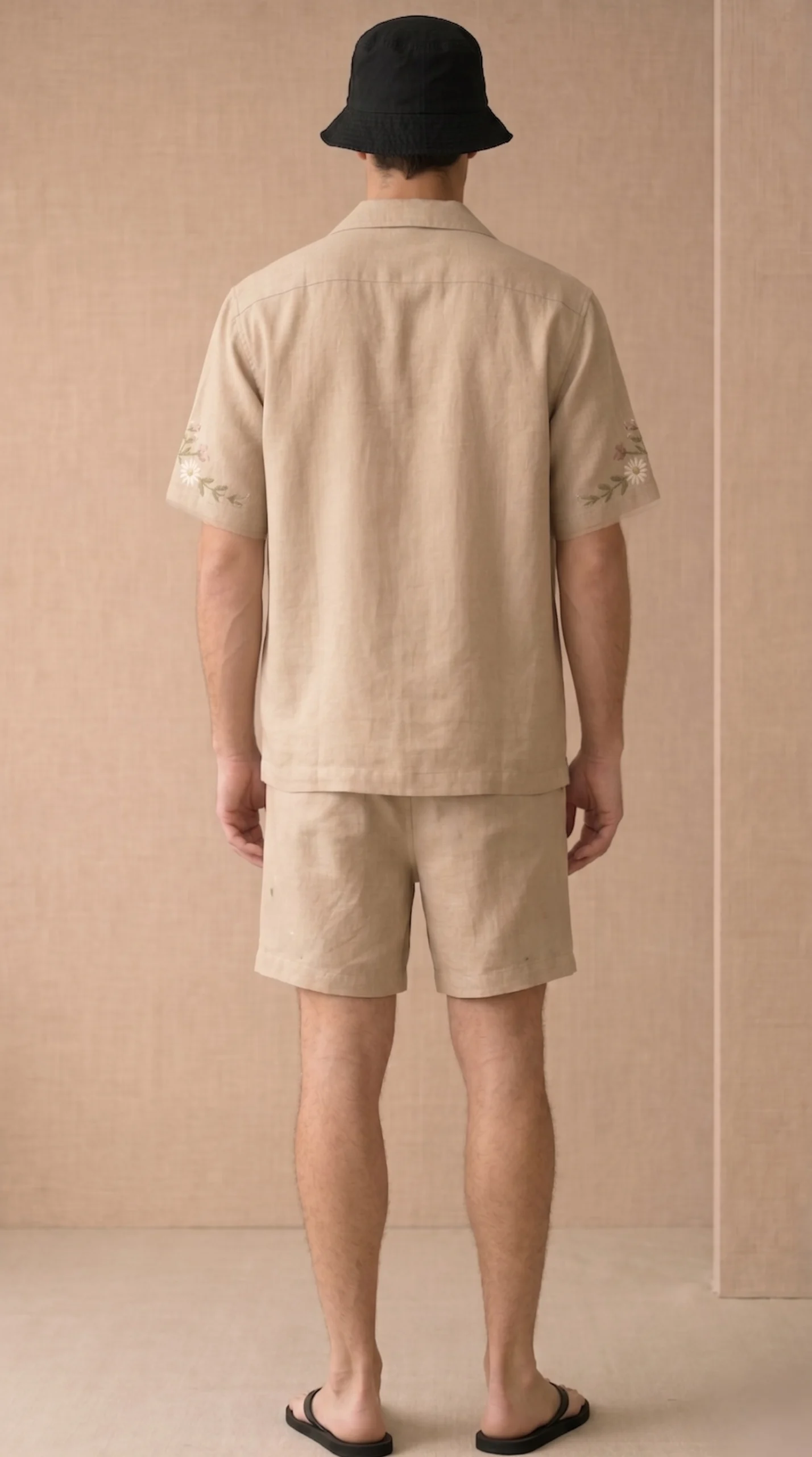 Beige Embroidered Linen Cotton Cuban Collar Shirt and Shorts Set for Men by Liibula