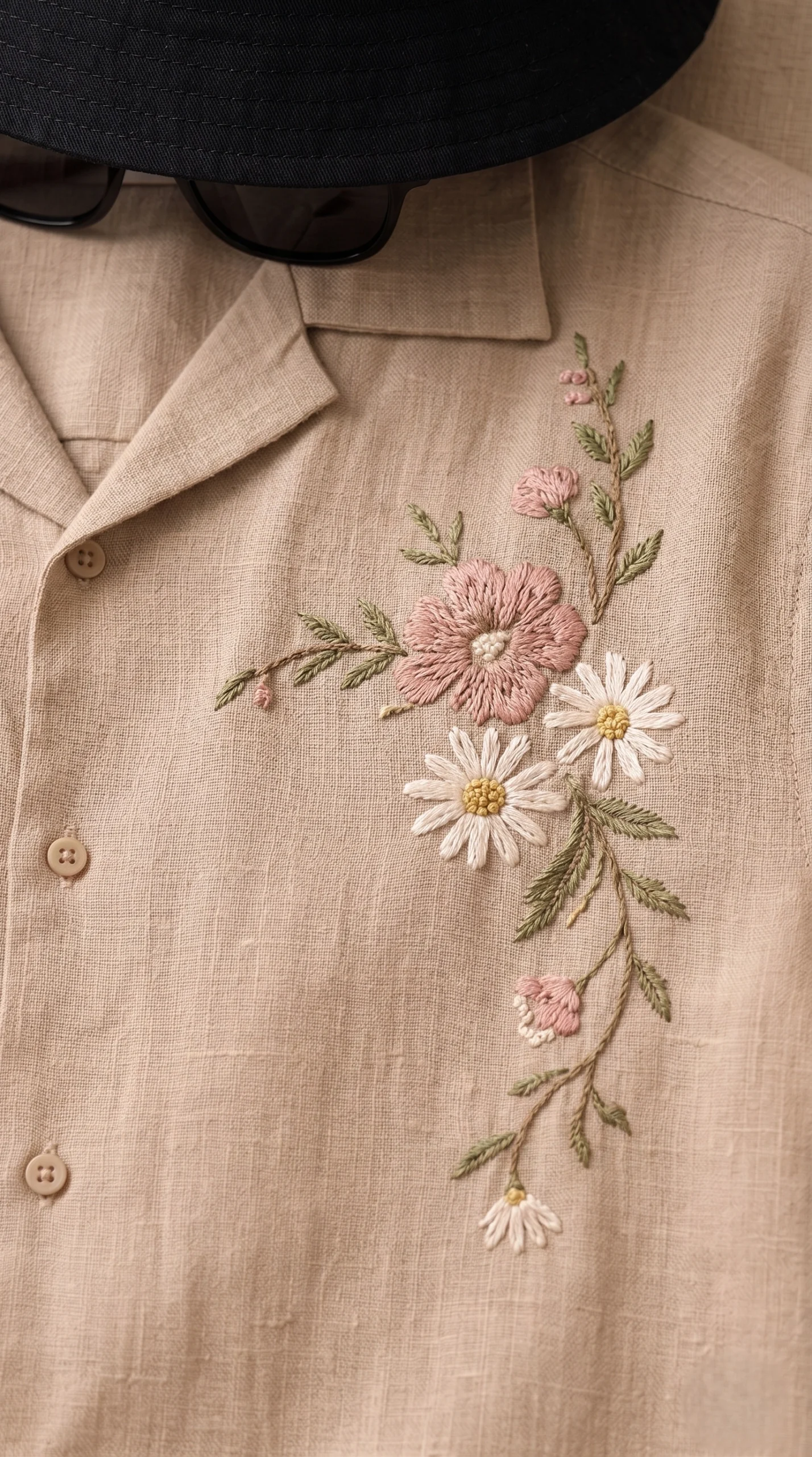 Beige Embroidered Linen Cotton Cuban Collar Shirt and Shorts Set for Men by Liibula