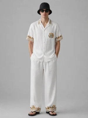 White Embroidered Linen Cotton Cuban Collar Shirt and Pant Co-Ord Set for Men by Liibula