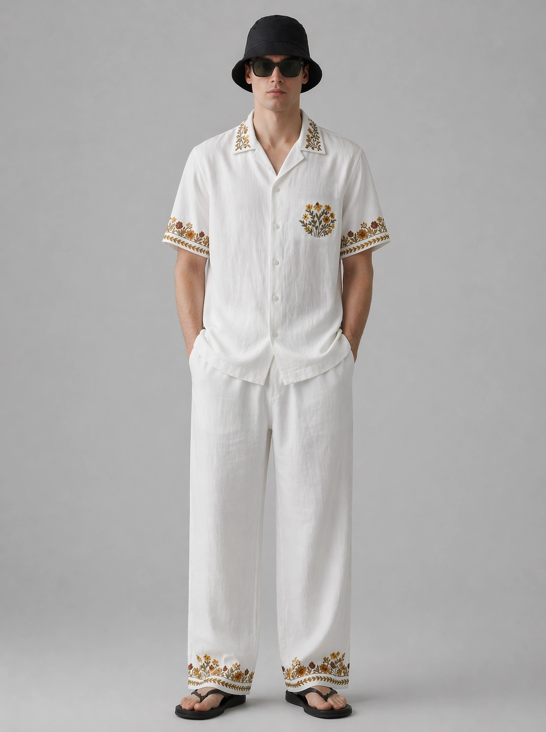 White Embroidered Linen Cotton Cuban Collar Shirt and Pant Co-Ord Set for Men by Liibula