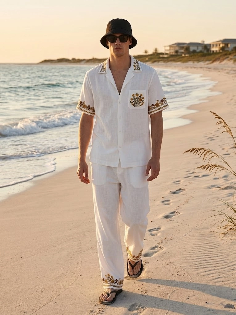White Embroidered Linen Cotton Cuban Collar Shirt and Pant Co-Ord Set for Men by Liibula