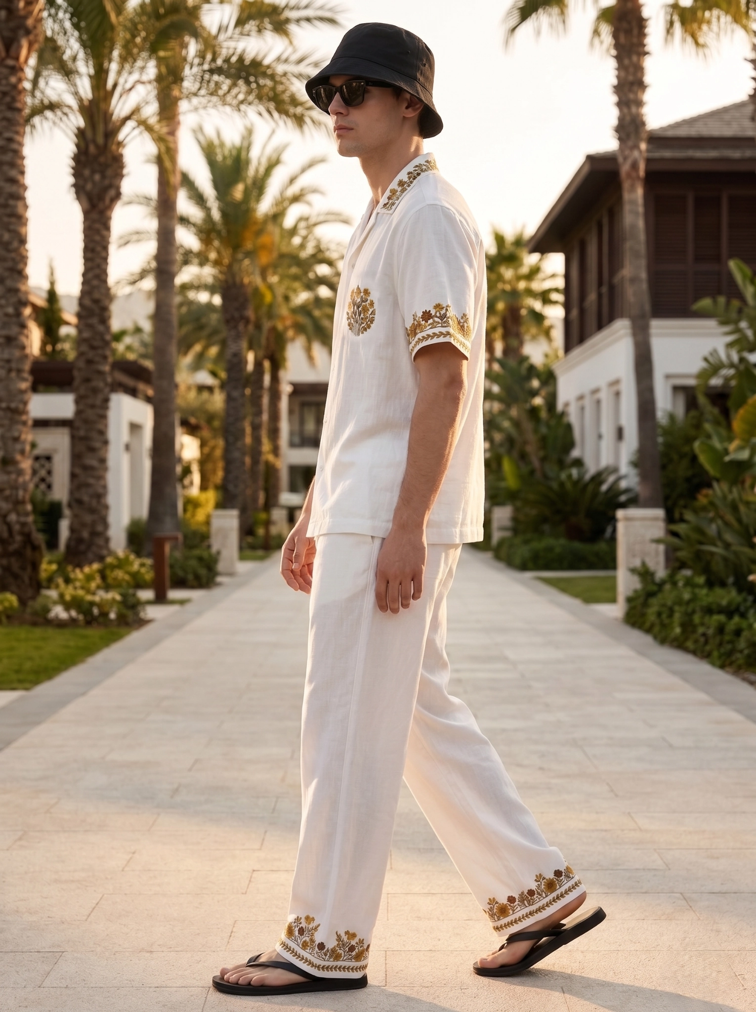 White Embroidered Linen Cotton Cuban Collar Shirt and Pant Co-Ord Set for Men by Liibula