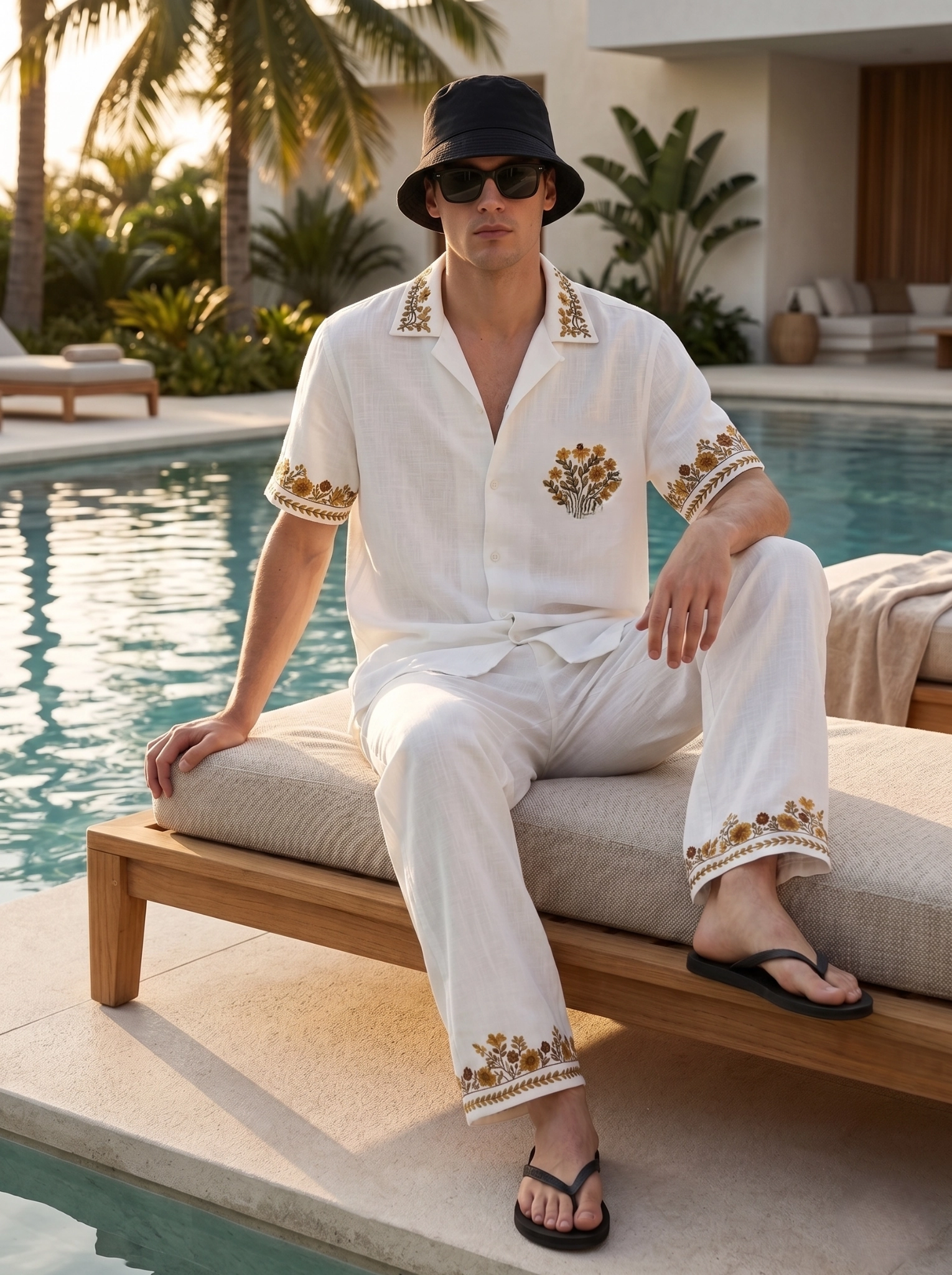White Embroidered Linen Cotton Cuban Collar Shirt and Pant Co-Ord Set for Men by Liibula