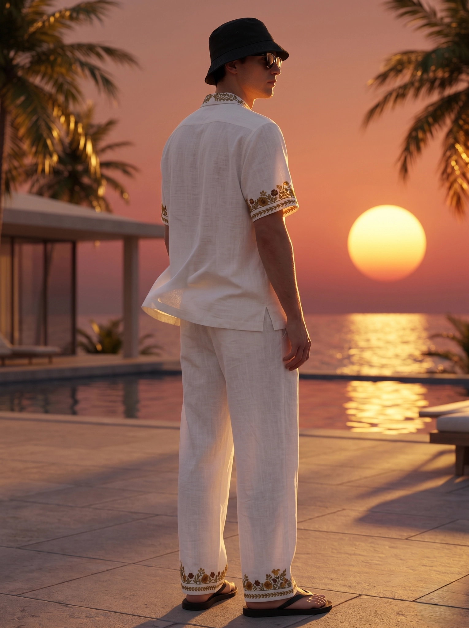 White Embroidered Linen Cotton Cuban Collar Shirt and Pant Co-Ord Set for Men by Liibula
