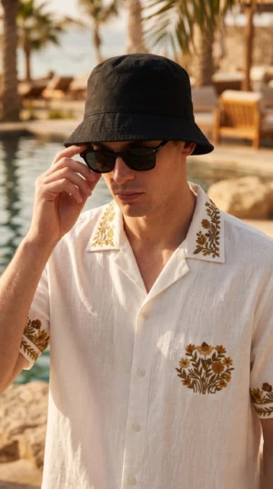 White Embroidered Linen Cotton Cuban Collar Shirt and short Co-Ord Set for Men by Liibula