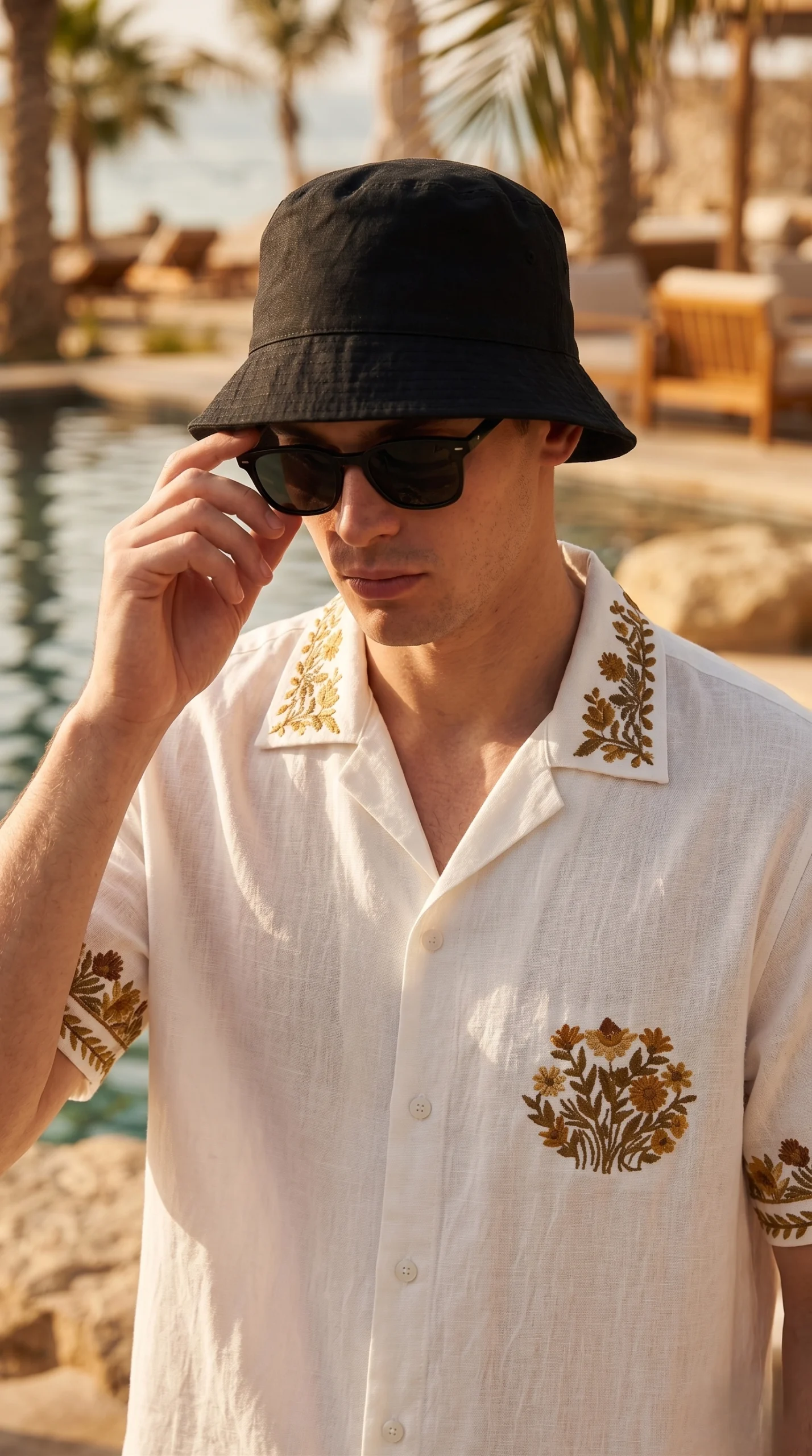 White Embroidered Linen Cotton Cuban Collar Shirt and short Co-Ord Set for Men by Liibula