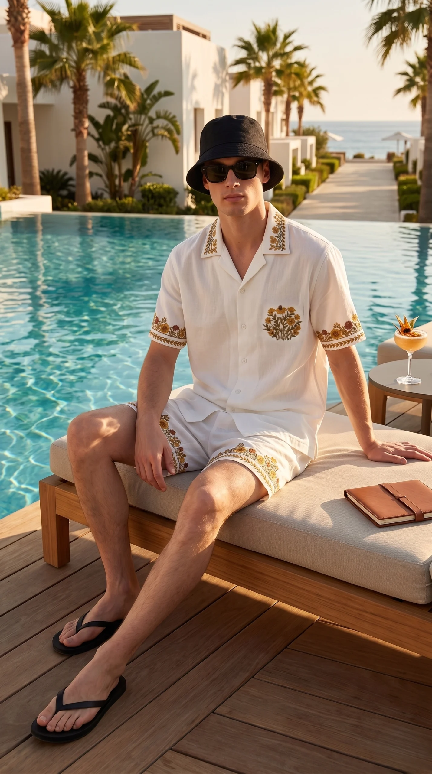 White Embroidered Linen Cotton Cuban Collar Shirt and short Co-Ord Set for Men by Liibula