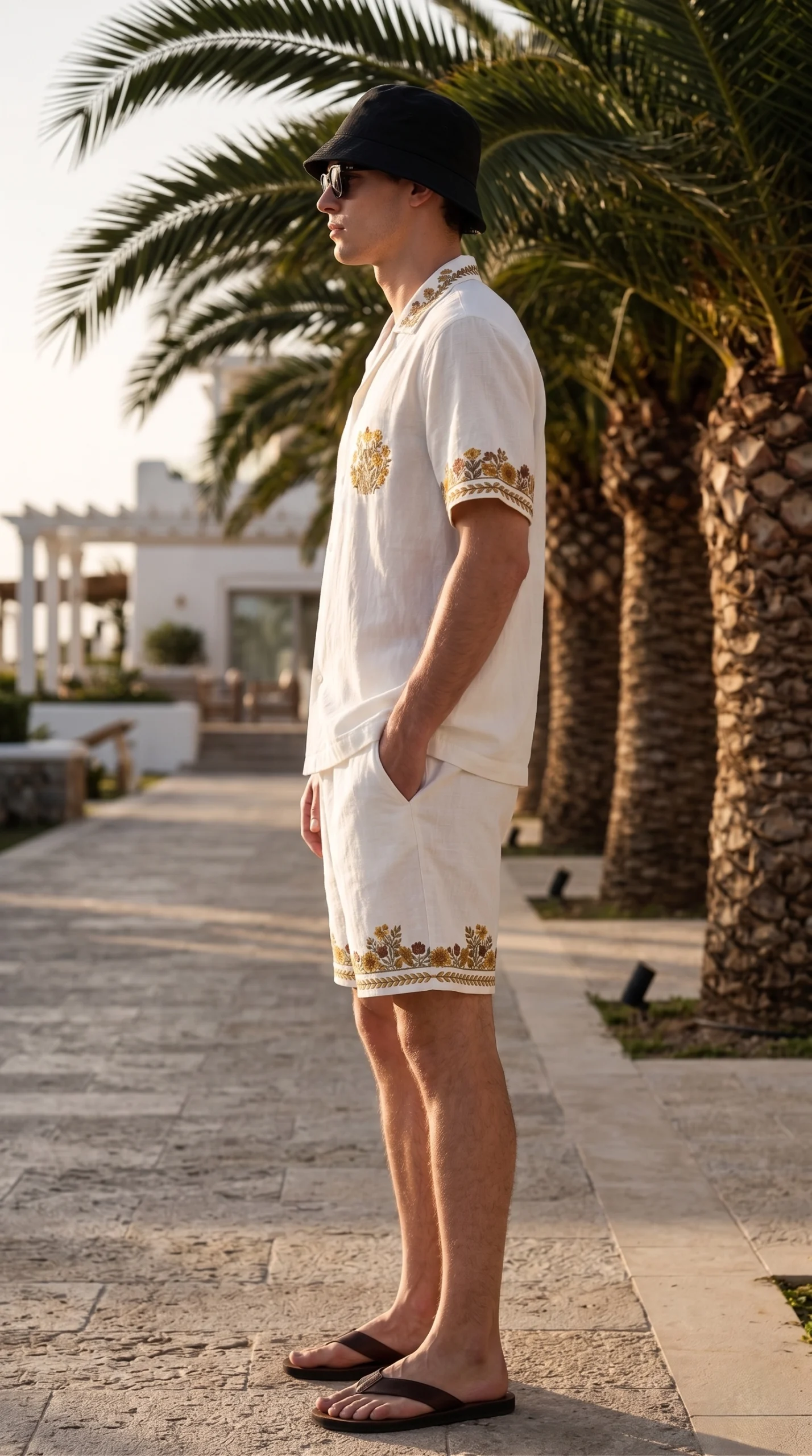 White Embroidered Linen Cotton Cuban Collar Shirt and short Co-Ord Set for Men by Liibula