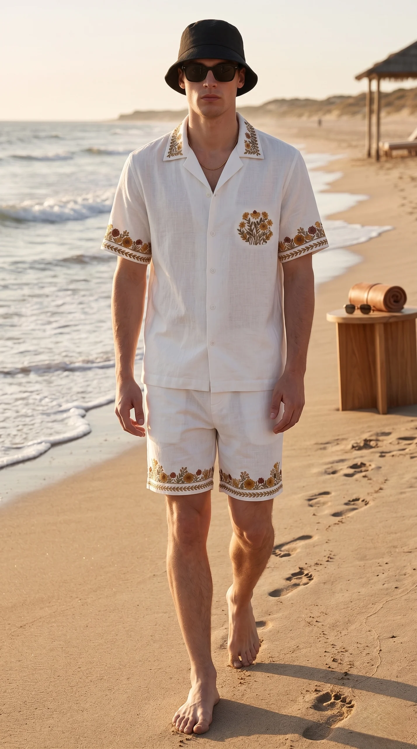 White Embroidered Linen Cotton Cuban Collar Shirt and short Co-Ord Set for Men by Liibula