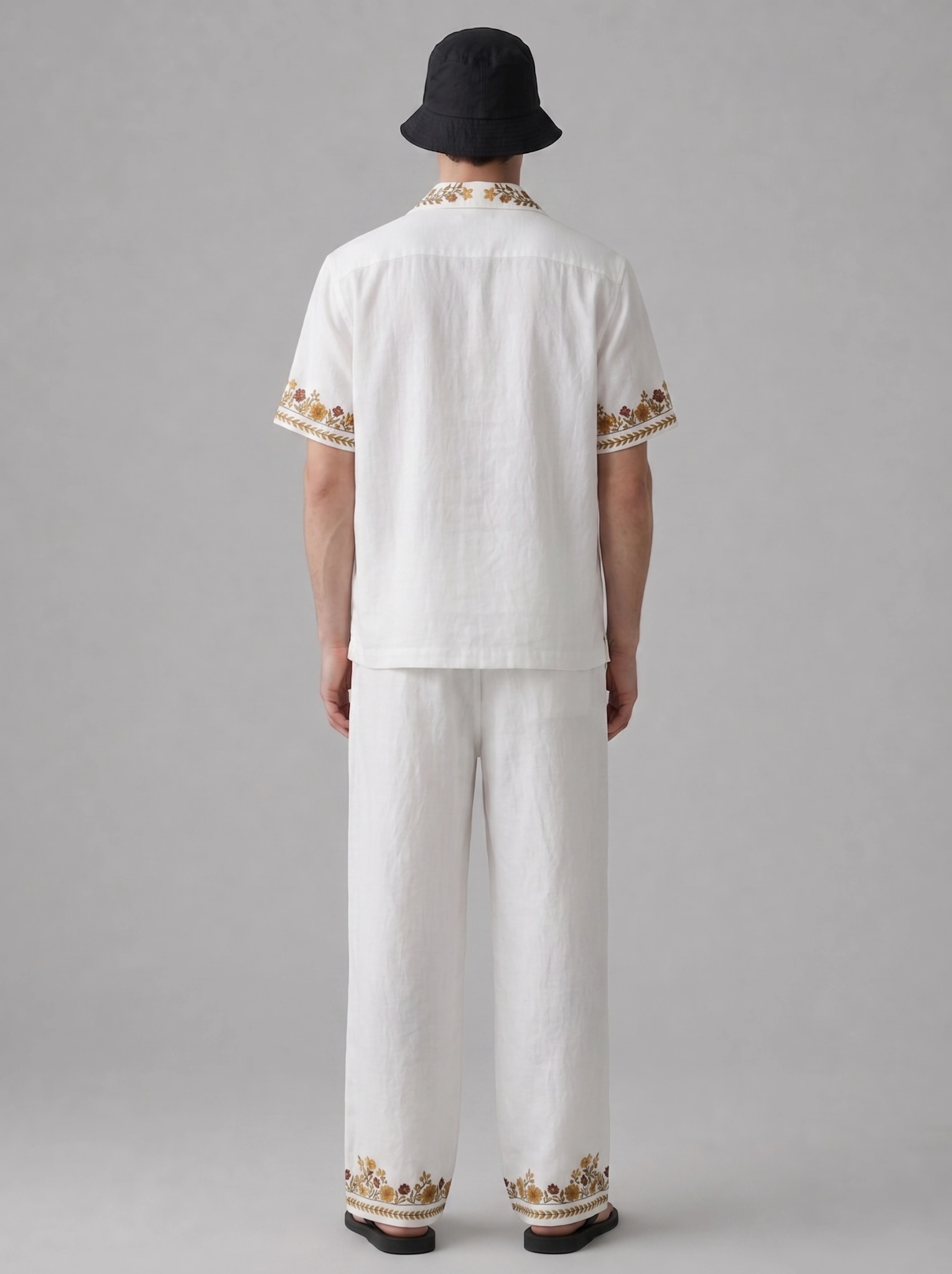 White Embroidered Linen Cotton Cuban Collar Shirt and Pant Co-Ord Set for Men by Liibula