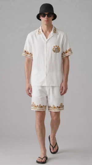 White Embroidered Linen Cotton Cuban Collar Shirt and short Co-Ord Set for Men by Liibula