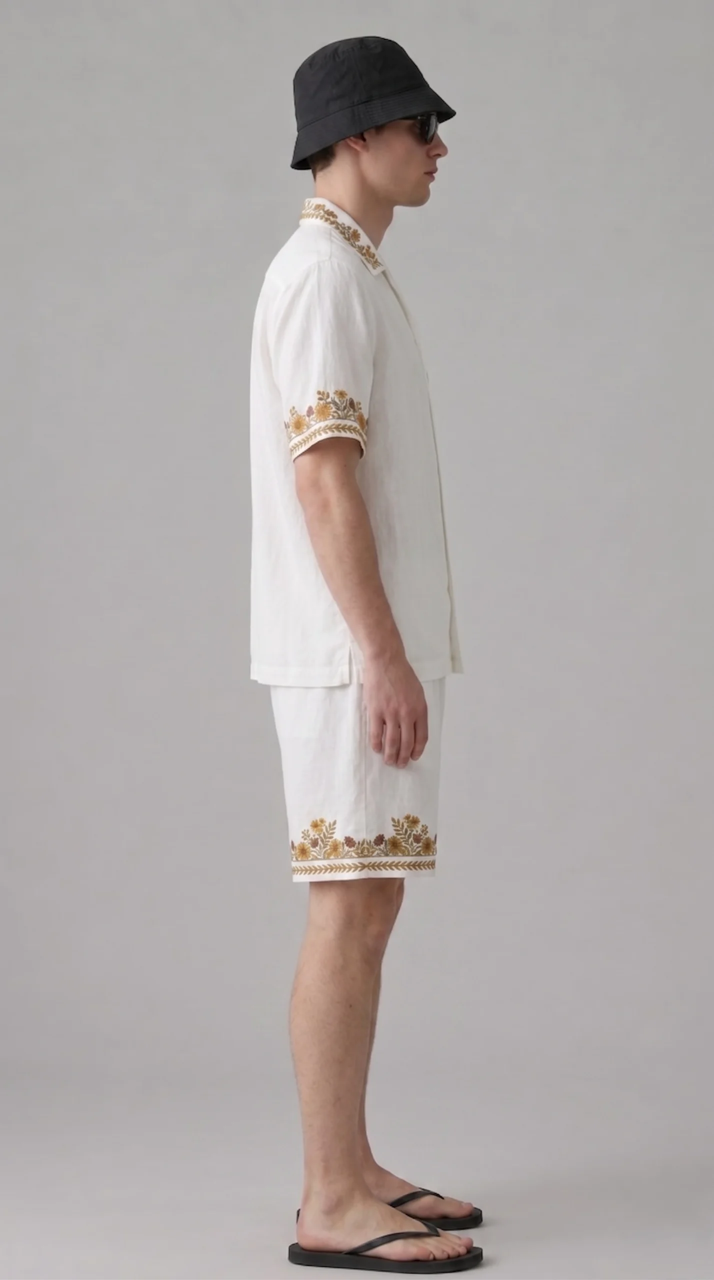 White Embroidered Linen Cotton Cuban Collar Shirt and short Co-Ord Set for Men by Liibula