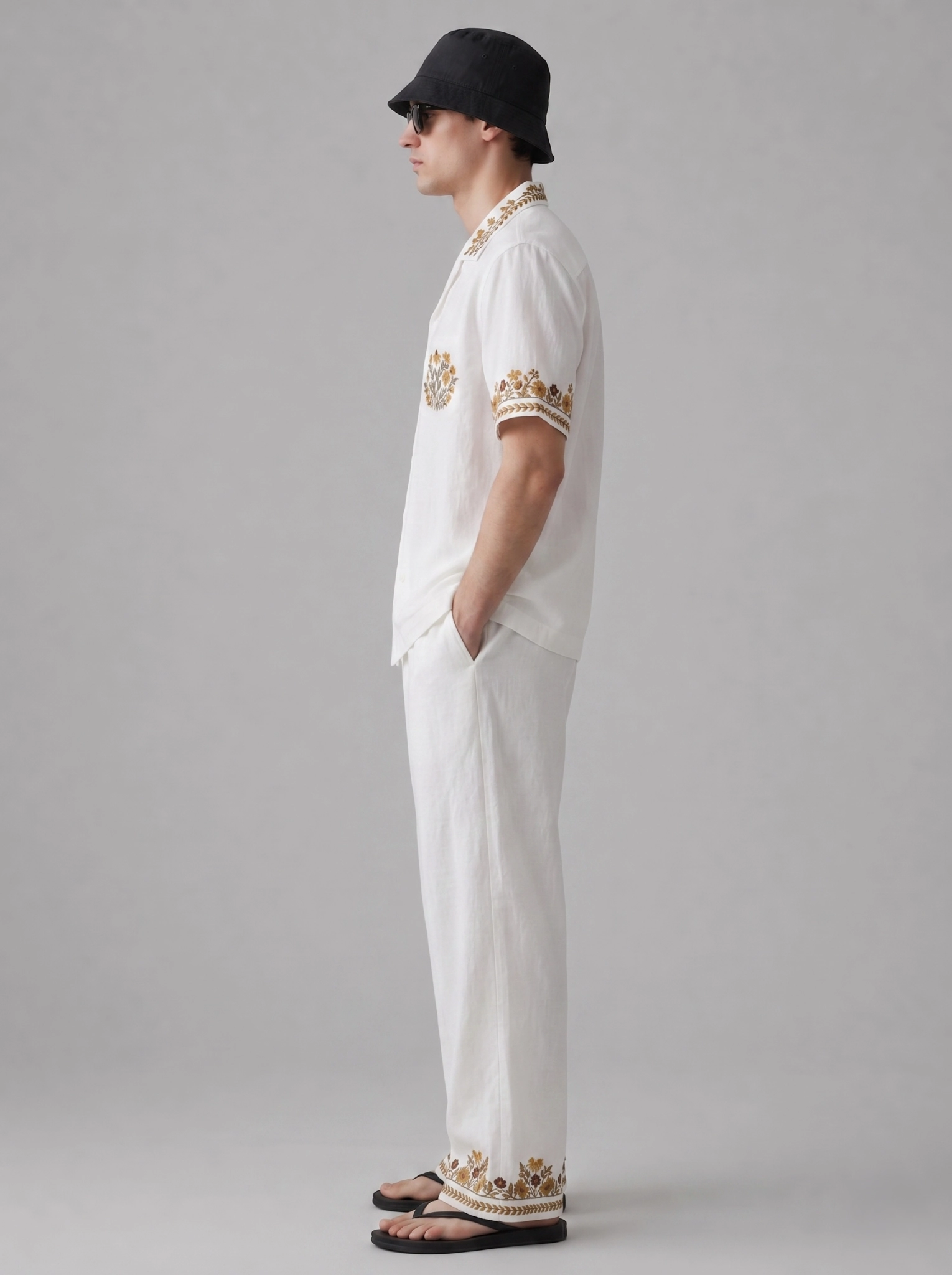 White Embroidered Linen Cotton Cuban Collar Shirt and Pant Co-Ord Set for Men by Liibula