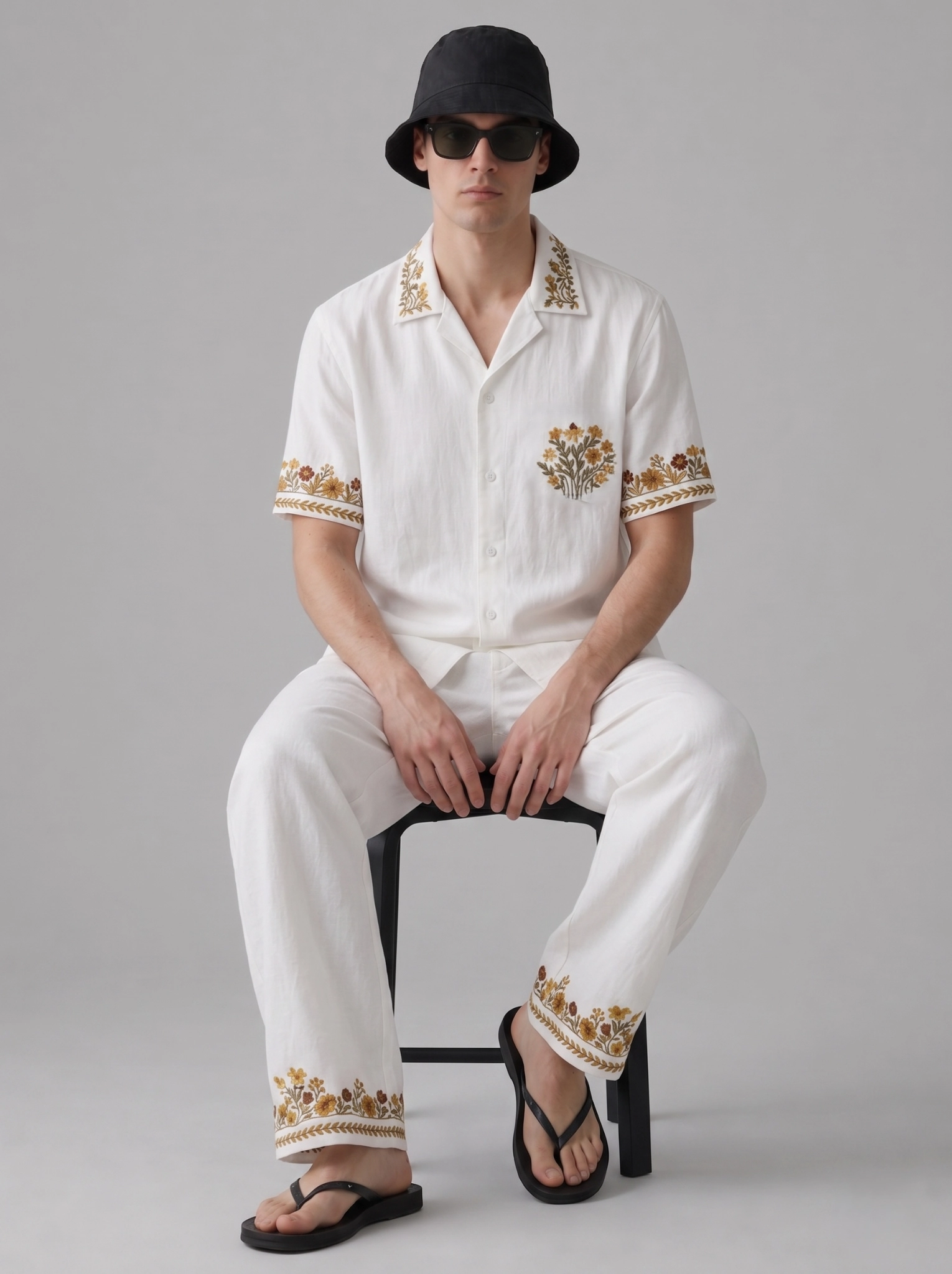 White Embroidered Linen Cotton Cuban Collar Shirt and Pant Co-Ord Set for Men by Liibula
