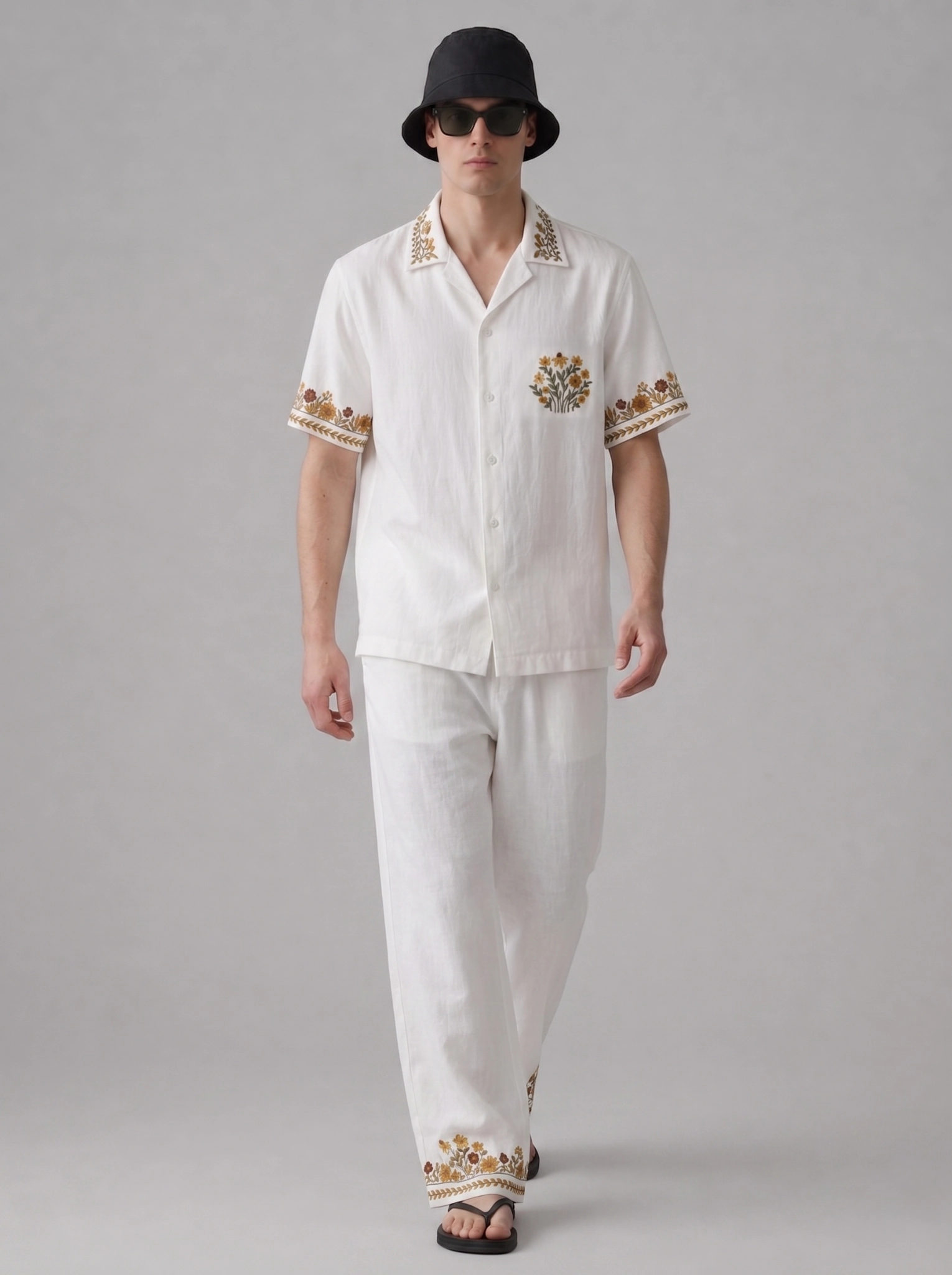 White Embroidered Linen Cotton Cuban Collar Shirt and Pant Co-Ord Set for Men by Liibula