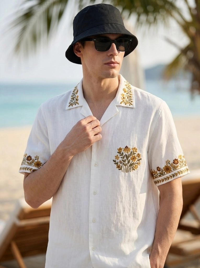 White Embroidered Linen Cotton Cuban Collar Shirt and Pant Co-Ord Set for Men by Liibula