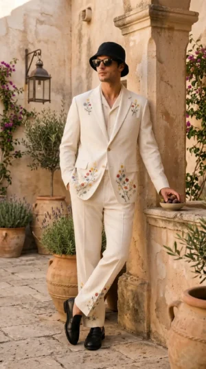 Ivory embroidered men's suit with handmade floral threadwork