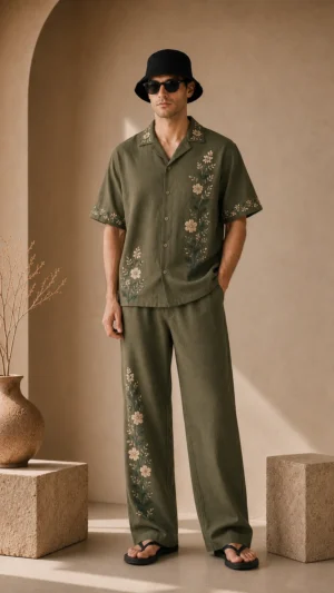Mens-Olive-Green-Floral-Embroidered-Resort-Wear-Shirt-and-Pant-Set (3)