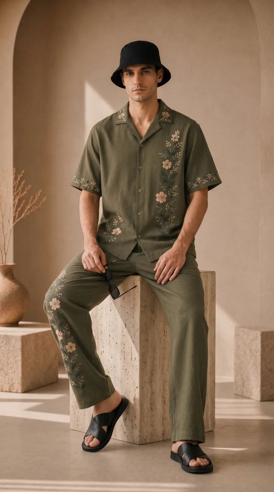 Mens-Olive-Green-Floral-Embroidered-Resort-Wear-Shirt-and-Pant-Set (3)