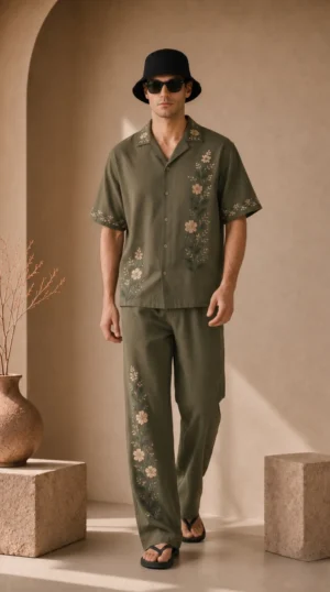 Mens-Olive-Green-Floral-Embroidered-Resort-Wear-Shirt-and-Pant-Set (3)