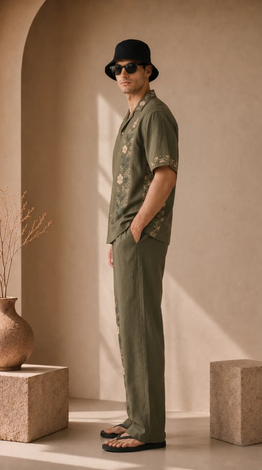 Mens-Olive-Green-Floral-Embroidered-Resort-Wear-Shirt-and-Pant-Set (3)