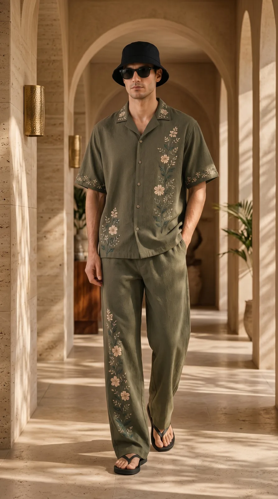 Mens-Olive-Green-Floral-Embroidered-Resort-Wear-Shirt-and-Pant-Set (3)