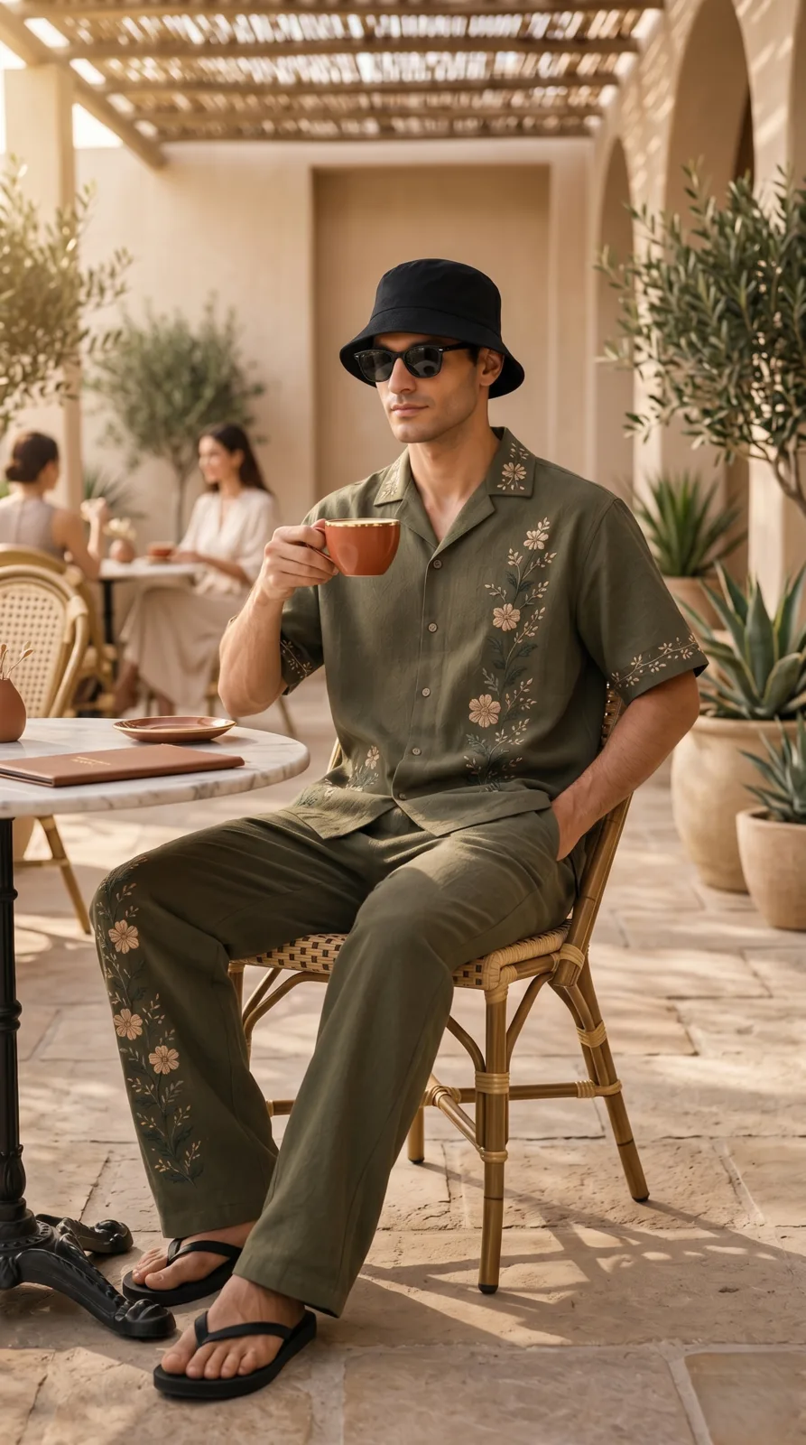 Mens-Olive-Green-Floral-Embroidered-Resort-Wear-Shirt-and-Pant-Set (3)