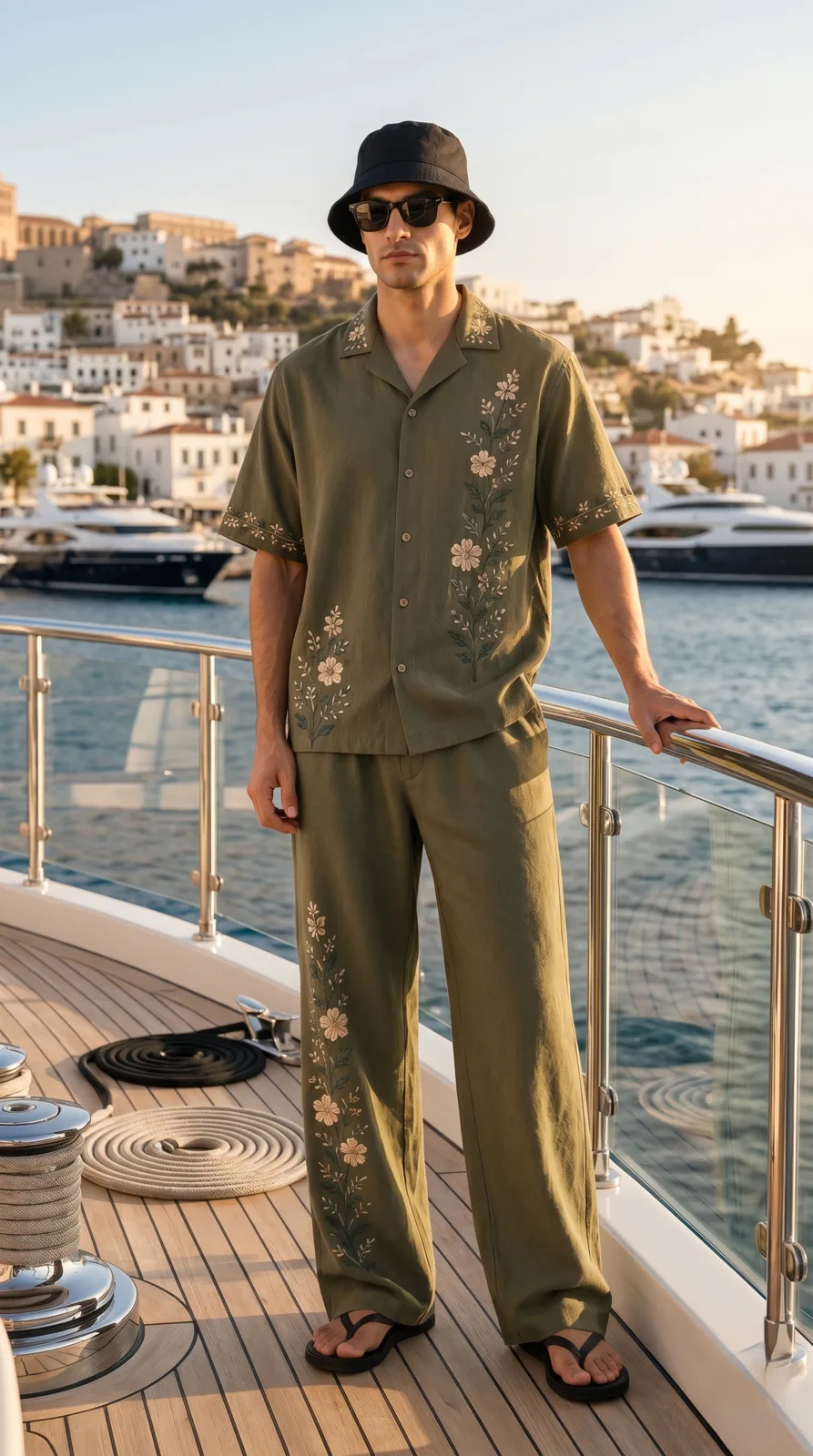 Mens-Olive-Green-Floral-Embroidered-Resort-Wear-Shirt-and-Pant-Set (3)