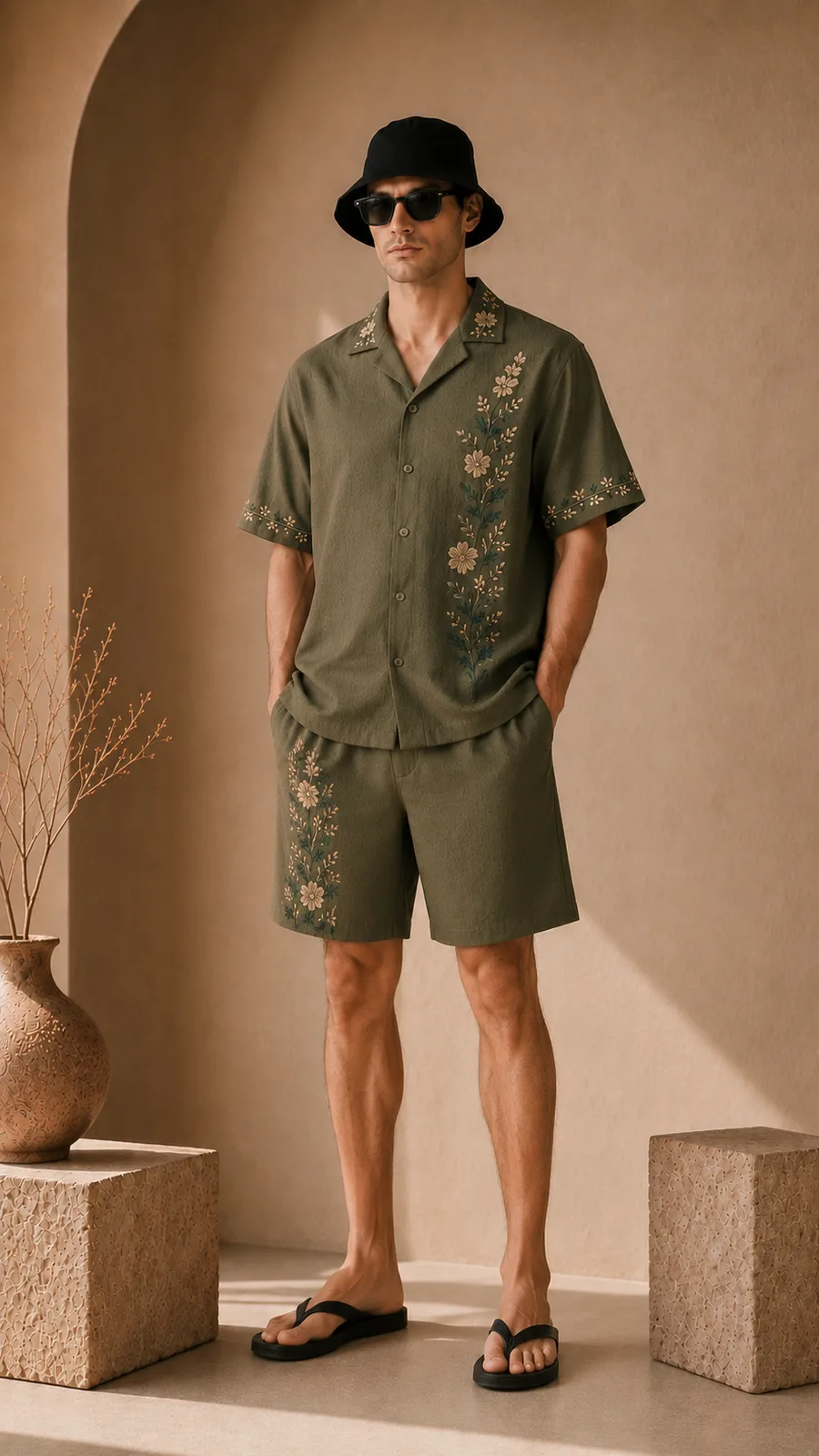 Mens-Olive-Green-Floral-Embroidered-Resort-Wear-Shirt-and-Short-Set (2)