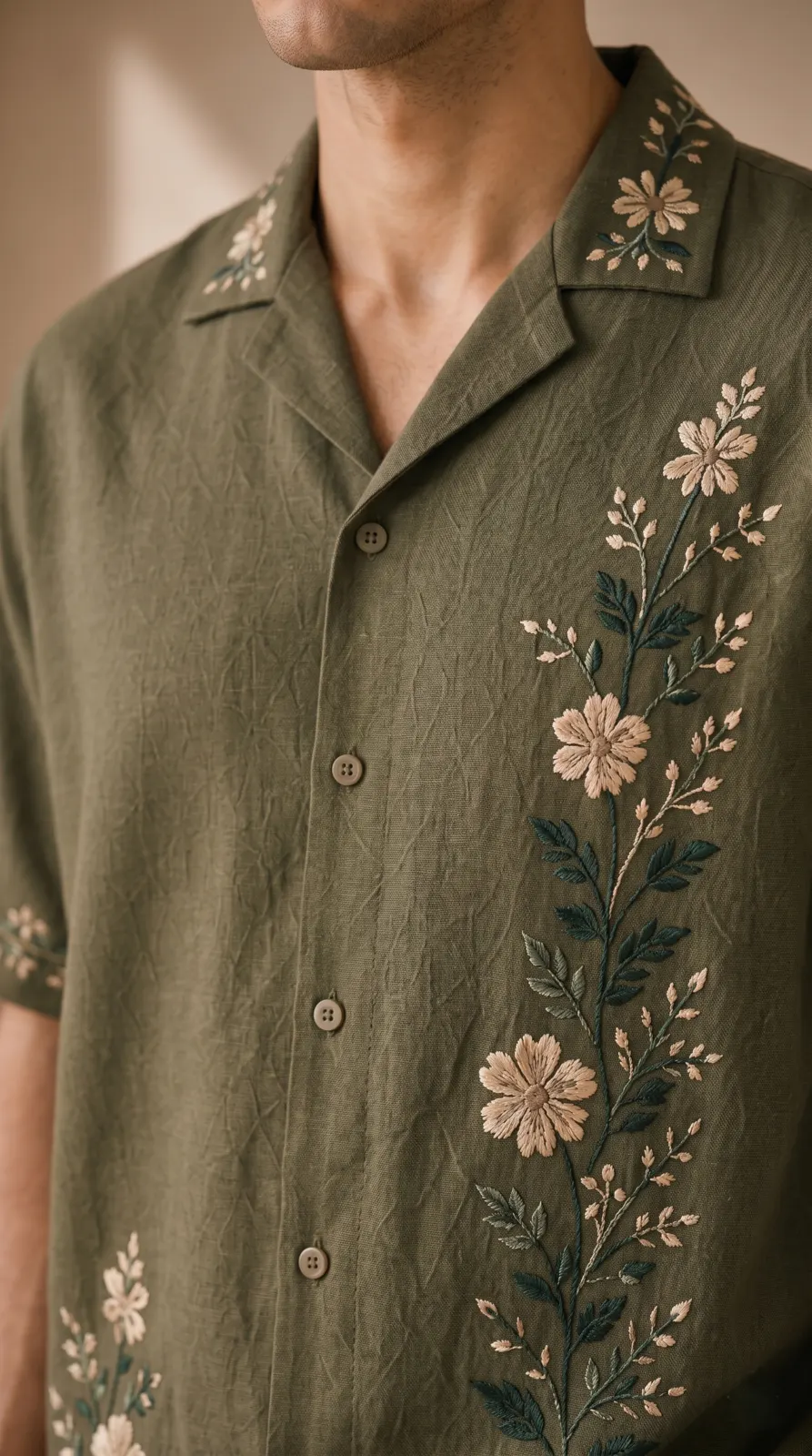 Mens-Olive-Green-Floral-Embroidered-Resort-Wear-Shirt-and-Short-Set (2)