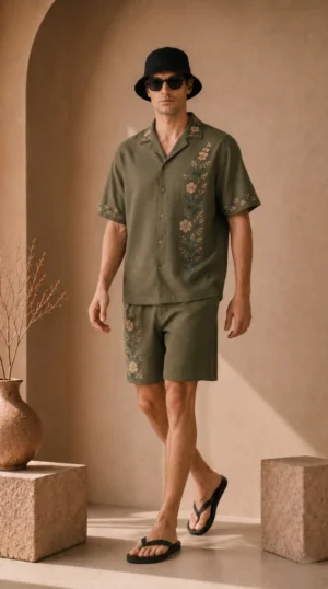 Mens-Olive-Green-Floral-Embroidered-Resort-Wear-Shirt-and-Short-Set (2)