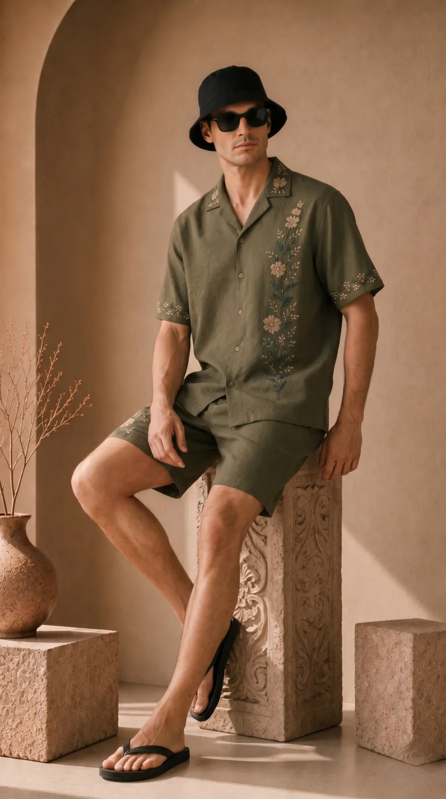 Mens-Olive-Green-Floral-Embroidered-Resort-Wear-Shirt-and-Short-Set (2)