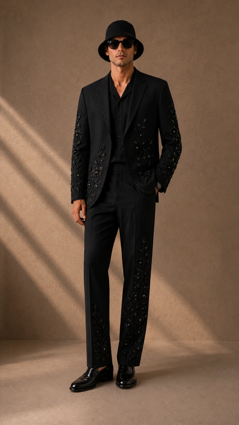 Black embroidered men’s suit with handmade floral Cutdana embroidery