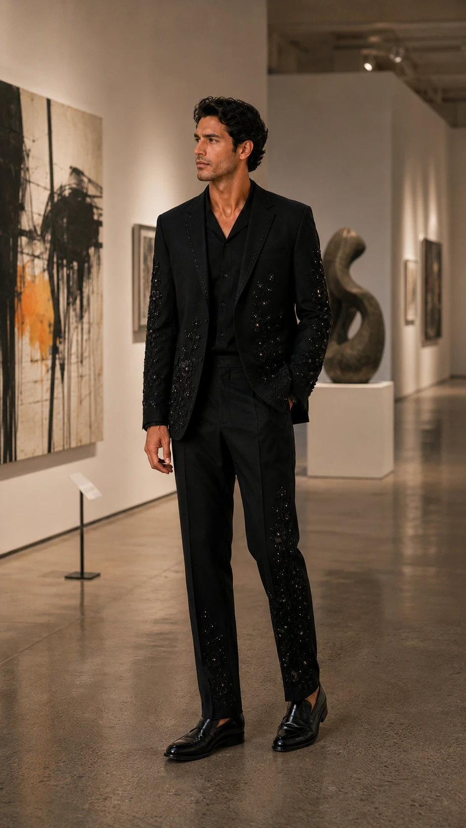 Black embroidered men’s suit with handmade floral Cutdana embroidery