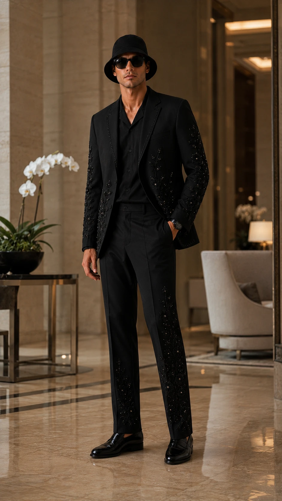 Black embroidered men’s suit with handmade floral Cutdana embroidery