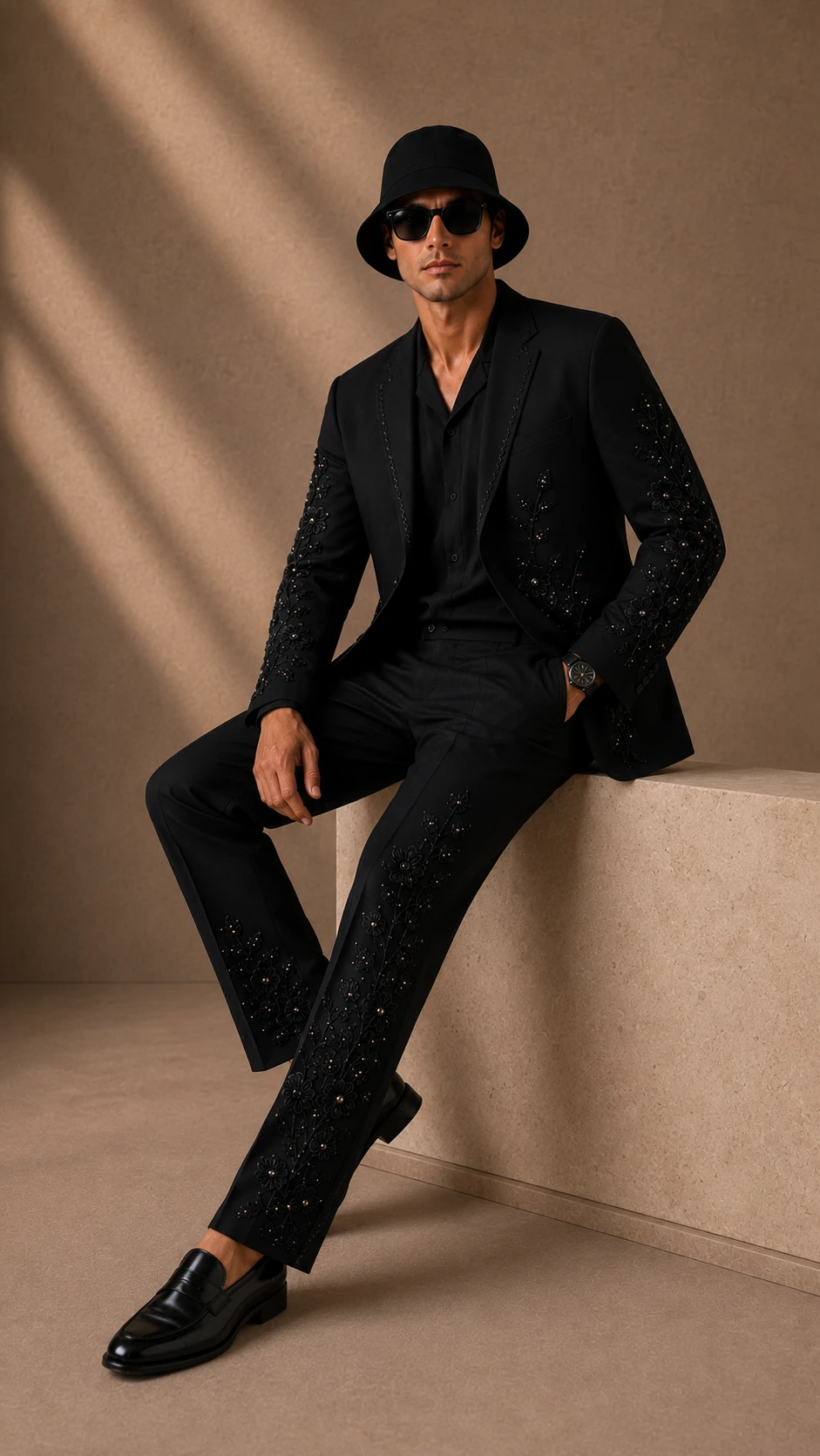Black embroidered men’s suit with handmade floral Cutdana embroidery