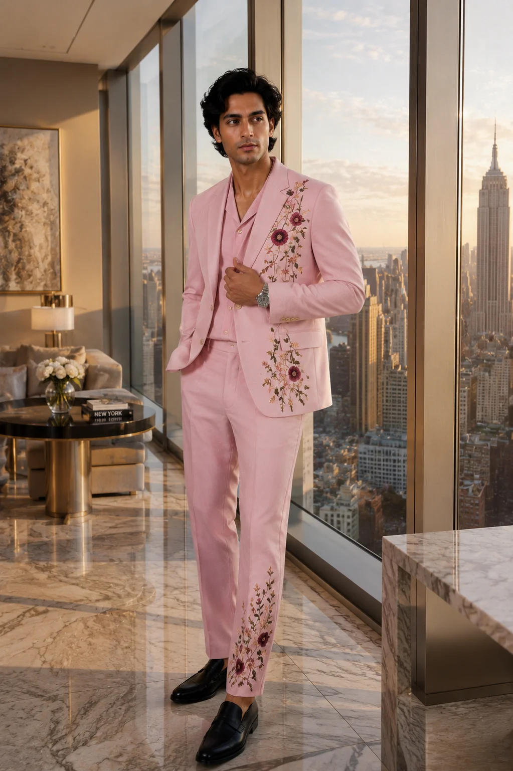 Blush pink embroidered men’s suit with floral Resham embroidery