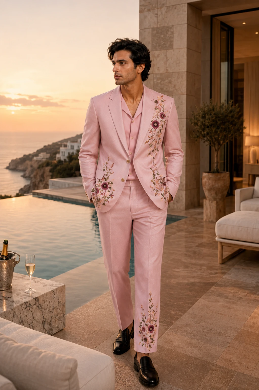 Blush pink embroidered men’s suit with floral Resham embroidery