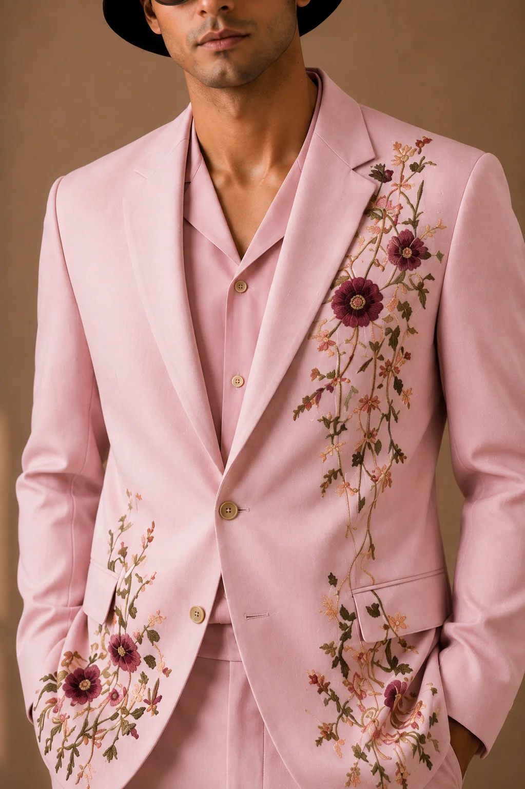 Blush pink embroidered men’s suit with floral Resham embroidery