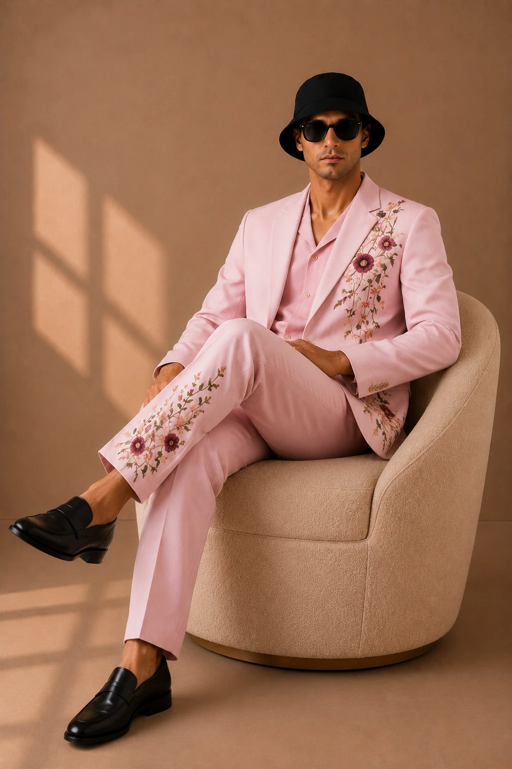 Blush pink embroidered men’s suit with floral Resham embroidery