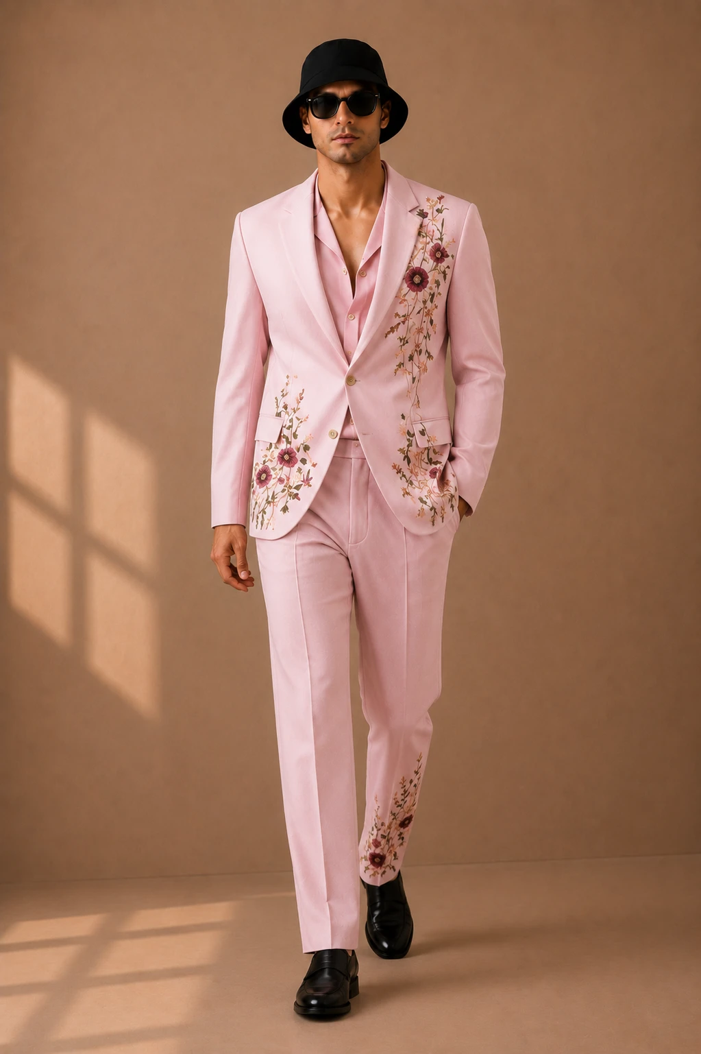 Blush pink embroidered men’s suit with floral Resham embroidery