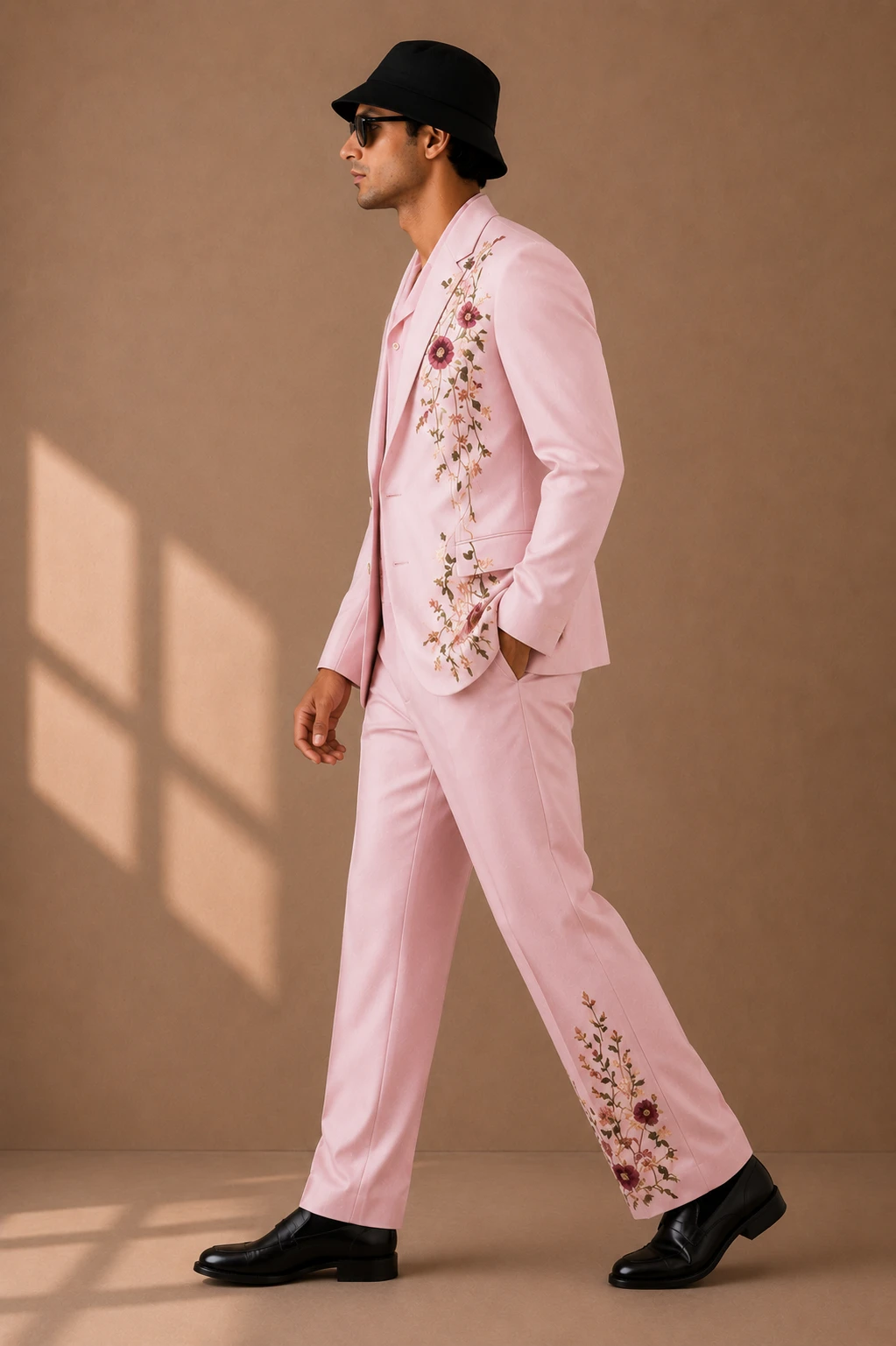 Blush pink embroidered men’s suit with floral Resham embroidery