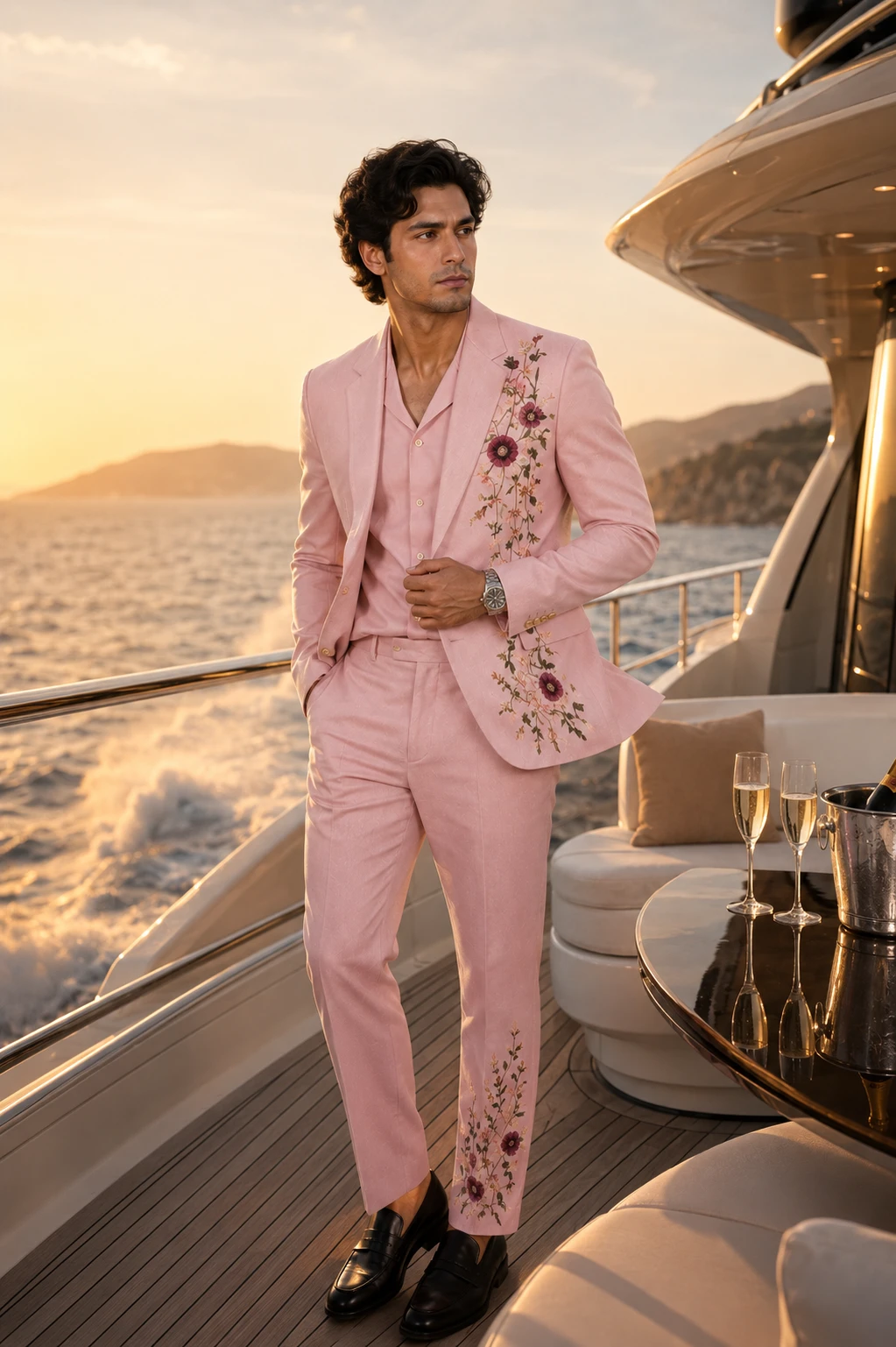 Blush pink embroidered men’s suit with floral Resham embroidery