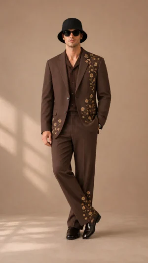Brown Embroidered Men’s Suit, Luxury 2 Piece Floral Suit, Designer Wedding Suit for Men, Premium TR Viscose