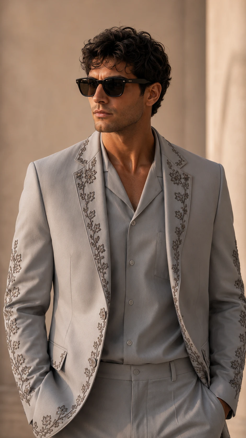 Shop a luxury grey embroidered men’s suit in premium TR Viscose with high-density floral Resham embroidery. Made to order for weddings and special occasions.