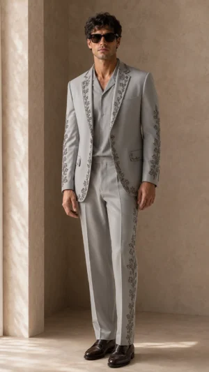 Shop a luxury grey embroidered men’s suit in premium TR Viscose with high-density floral Resham embroidery. Made to order for weddings and special occasions.