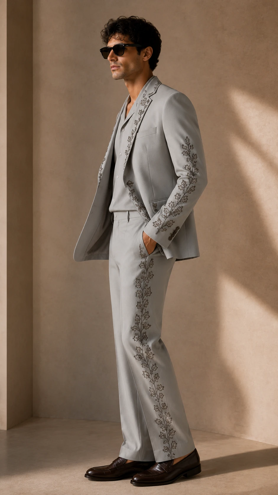 Shop a luxury grey embroidered men’s suit in premium TR Viscose with high-density floral Resham embroidery. Made to order for weddings and special occasions.